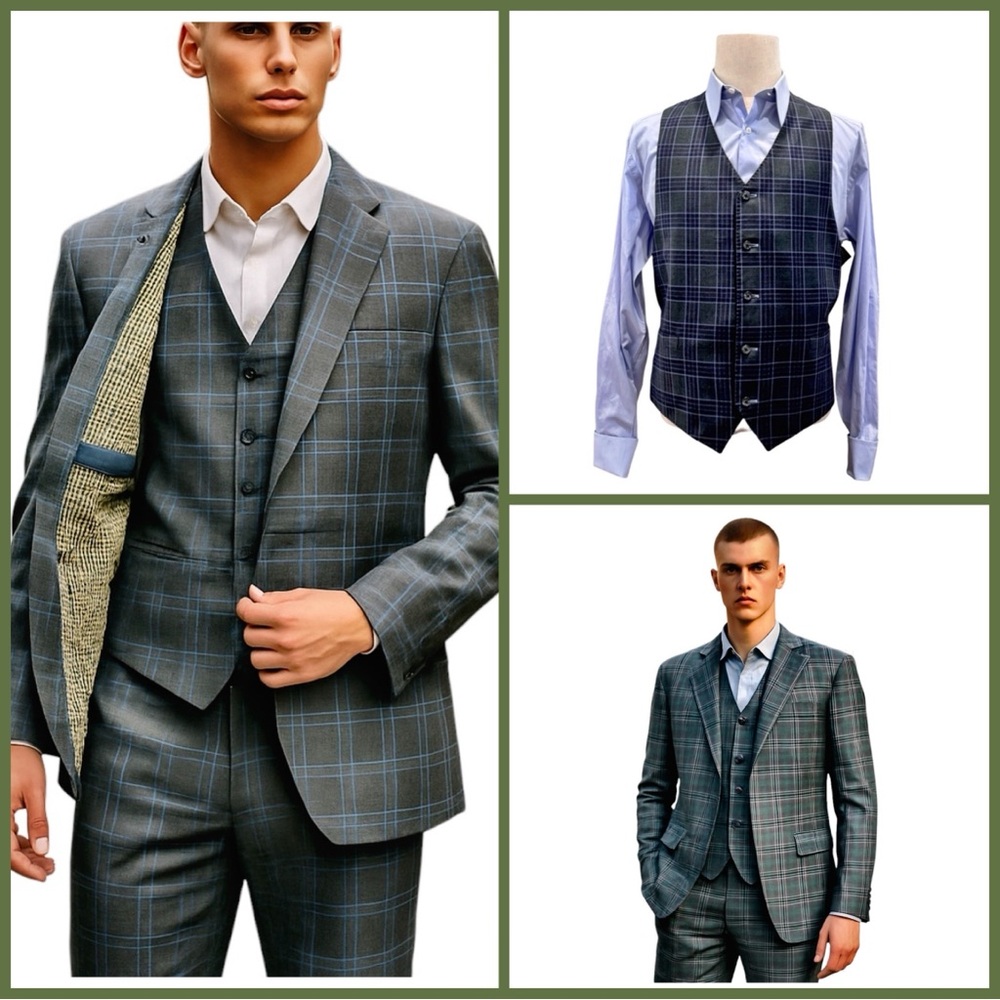 Tom James Royal Classic Men’s Three-Piece Suit. Green, Blue. 44R Altered - Picture 1 of 14